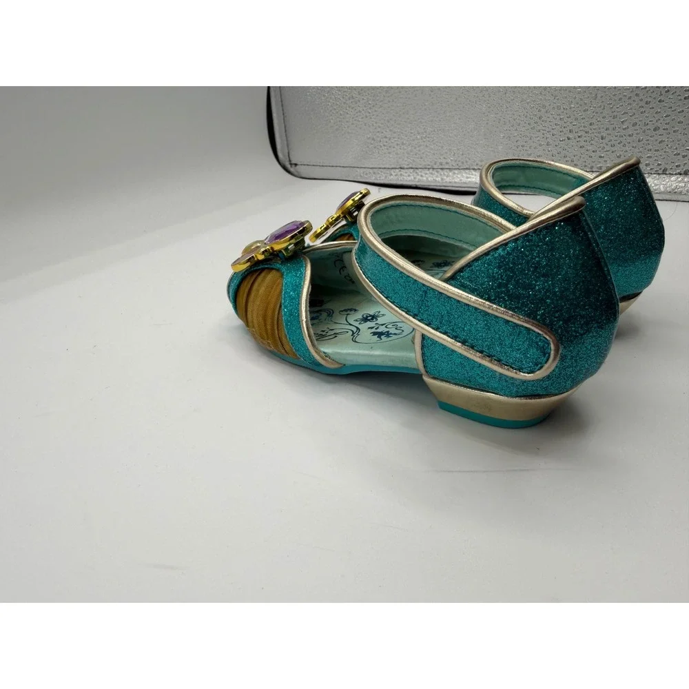 Disney Princess Jasmine Teal Glitter Dress Up Shoe Girls 8/9 6inches Kitten Heel